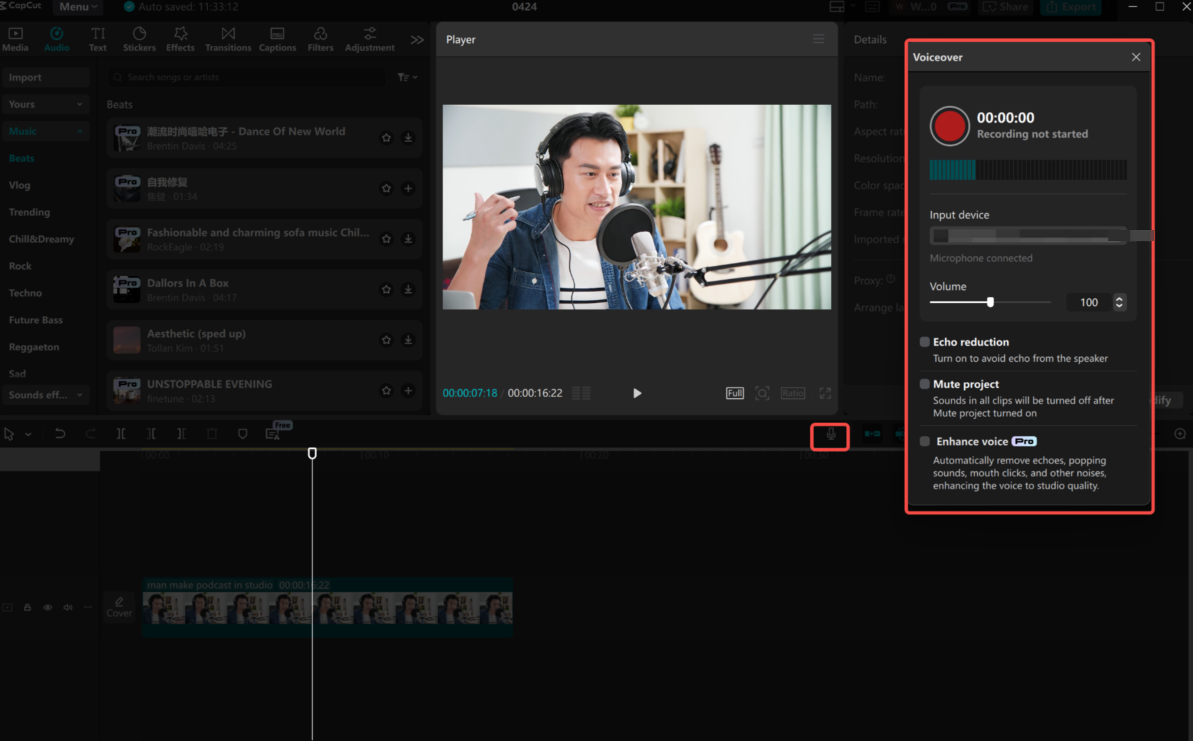 Εγγραφή ήχου στον επεξεργαστή βίντεο επιφάνειας εργασίας CapCut