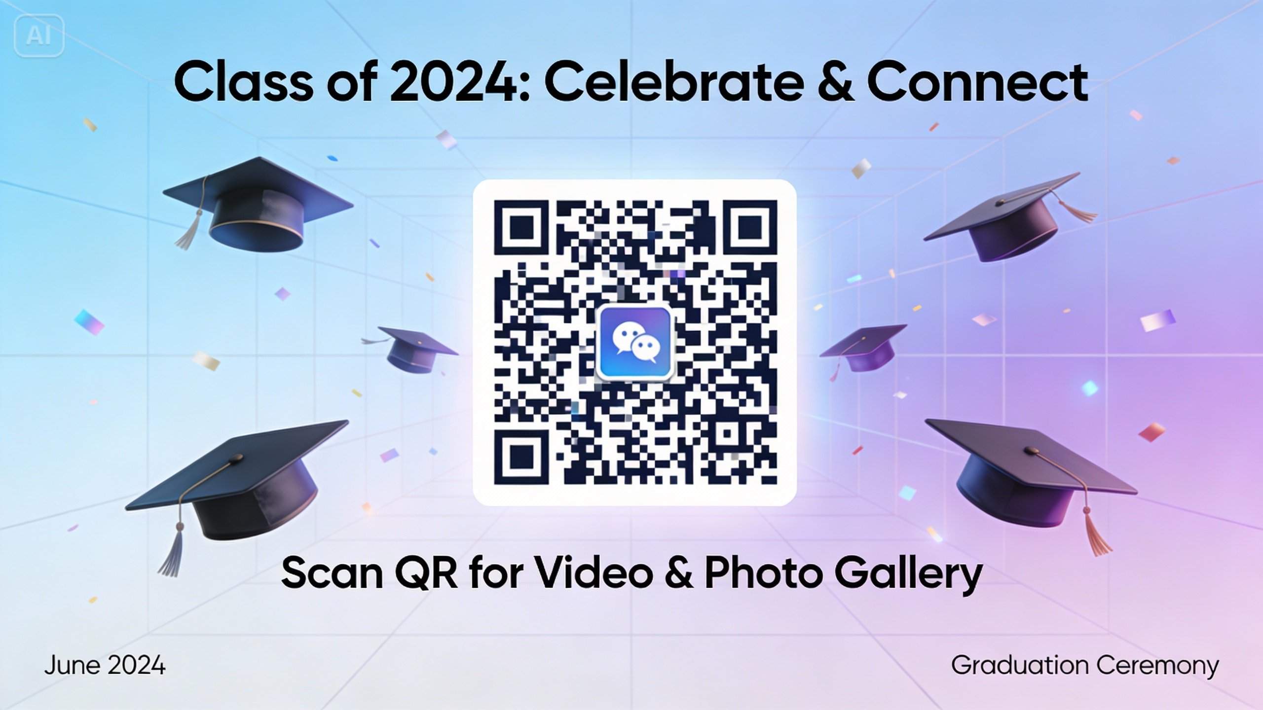 Un póster de graduación contemporáneo que tiene un código QR