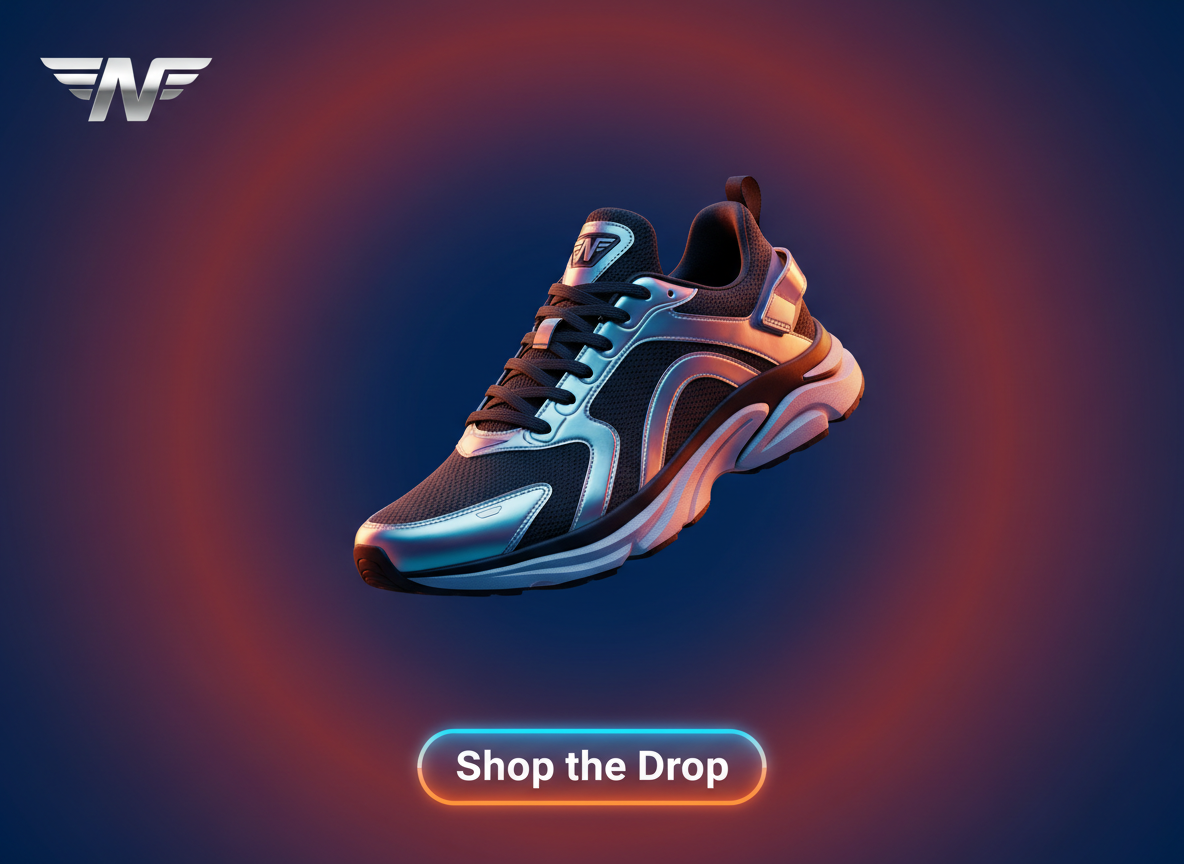 Conversion-focused sneaker launch poster with clean logo background, high-contrast composition, and bold CTA button.