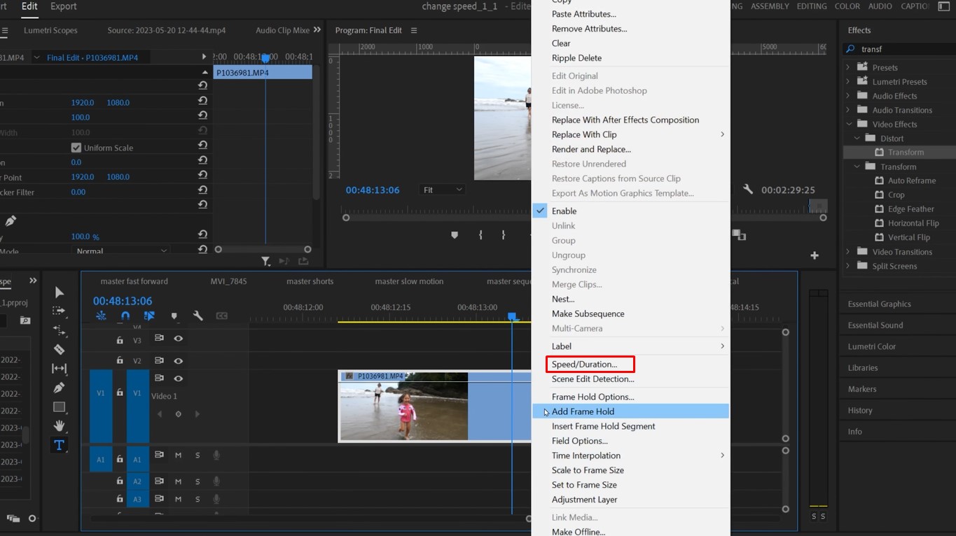 Open the settings to follow the process of how to speed up a video in Premiere