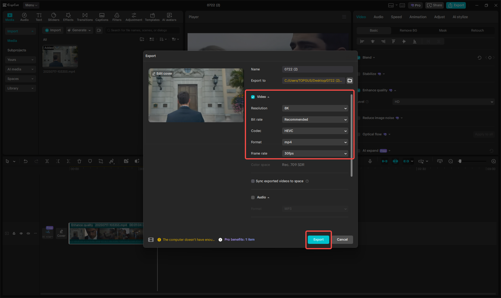 Export high-quality video