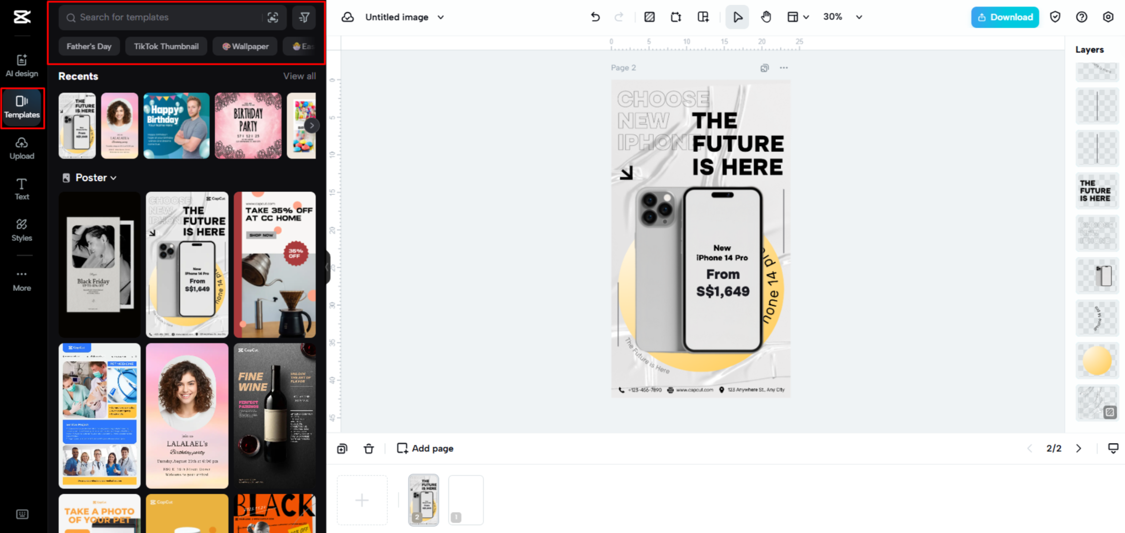 Choisir un modèle d'affiche dans CapCut Web