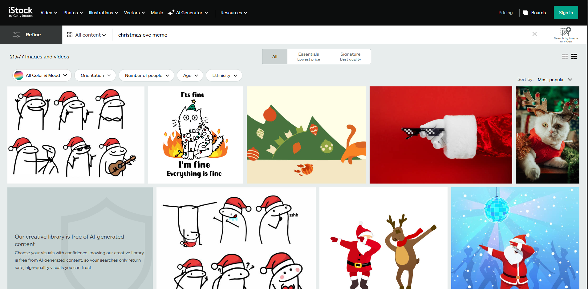Interface of iStock - a site with funny Christmas Eve memes