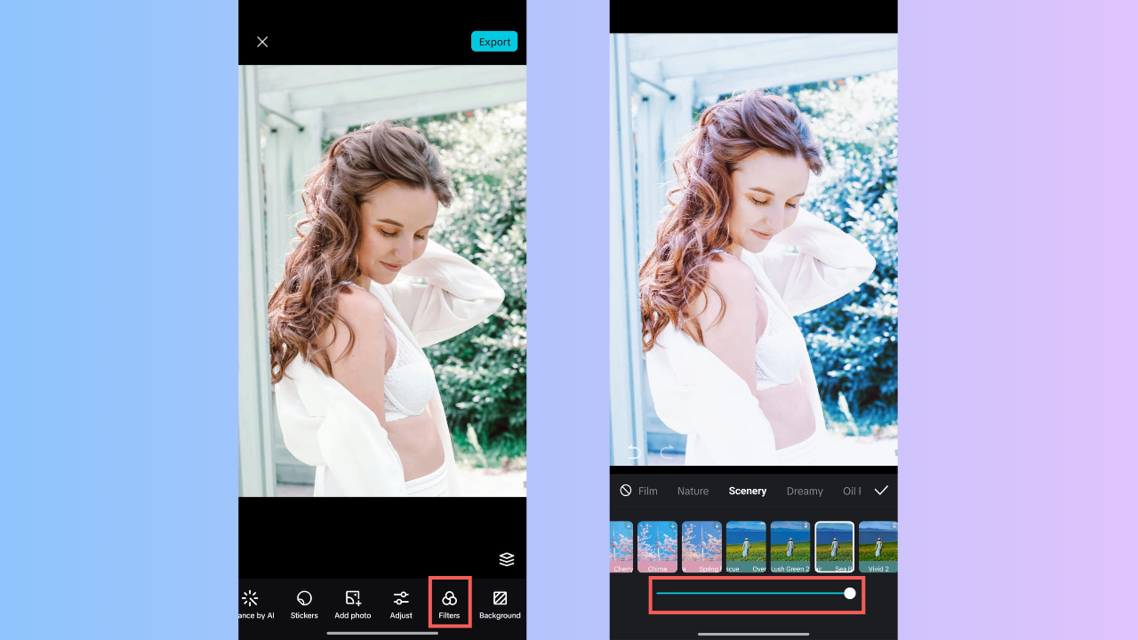 Filter anwenden und Intensität anpassen