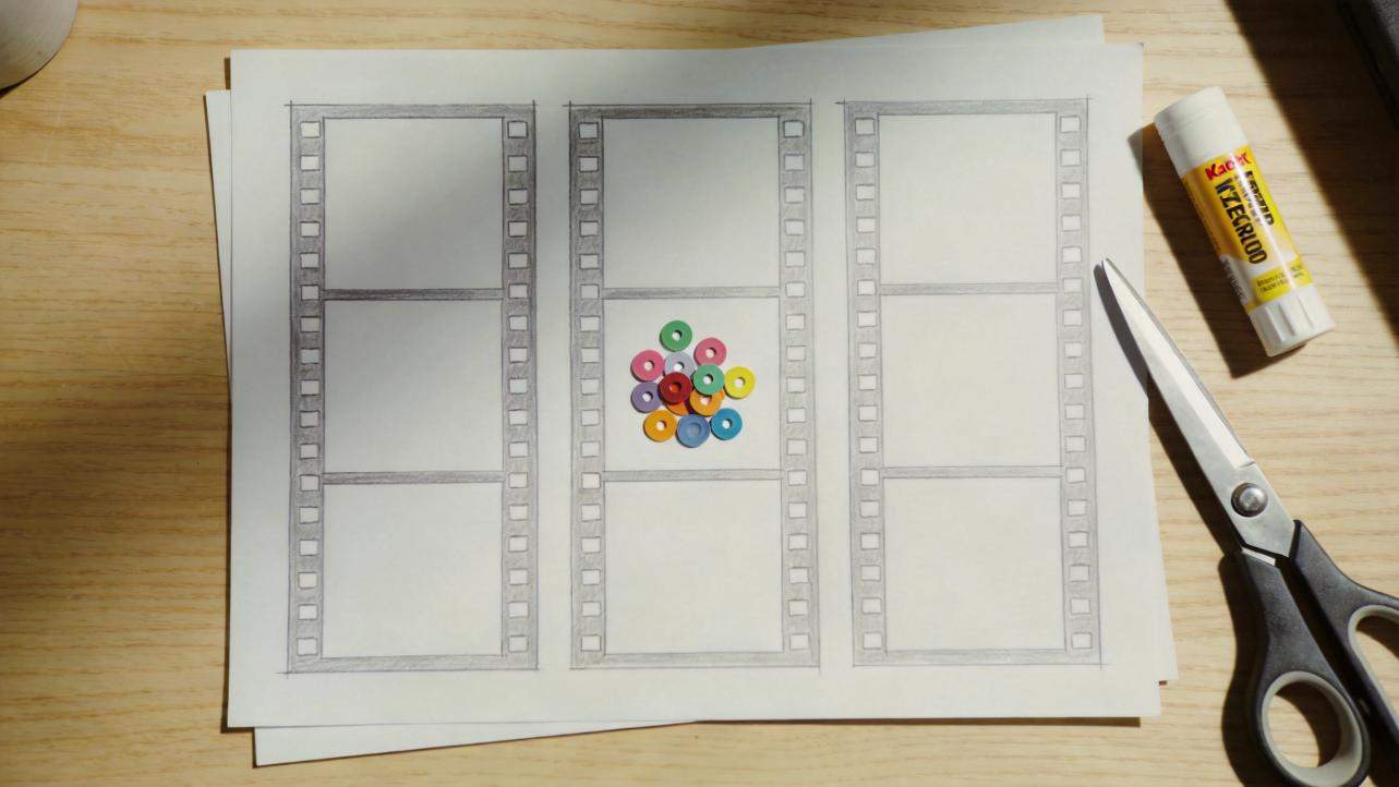 Filmstrip sketch on paper with colorful emoji-like circles in the center, beside scissors and a glue stick