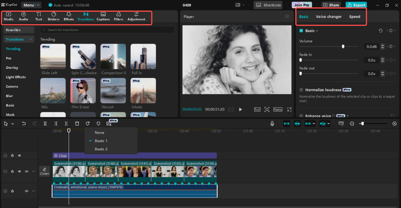 Editing the funeral slideshow in CapCut