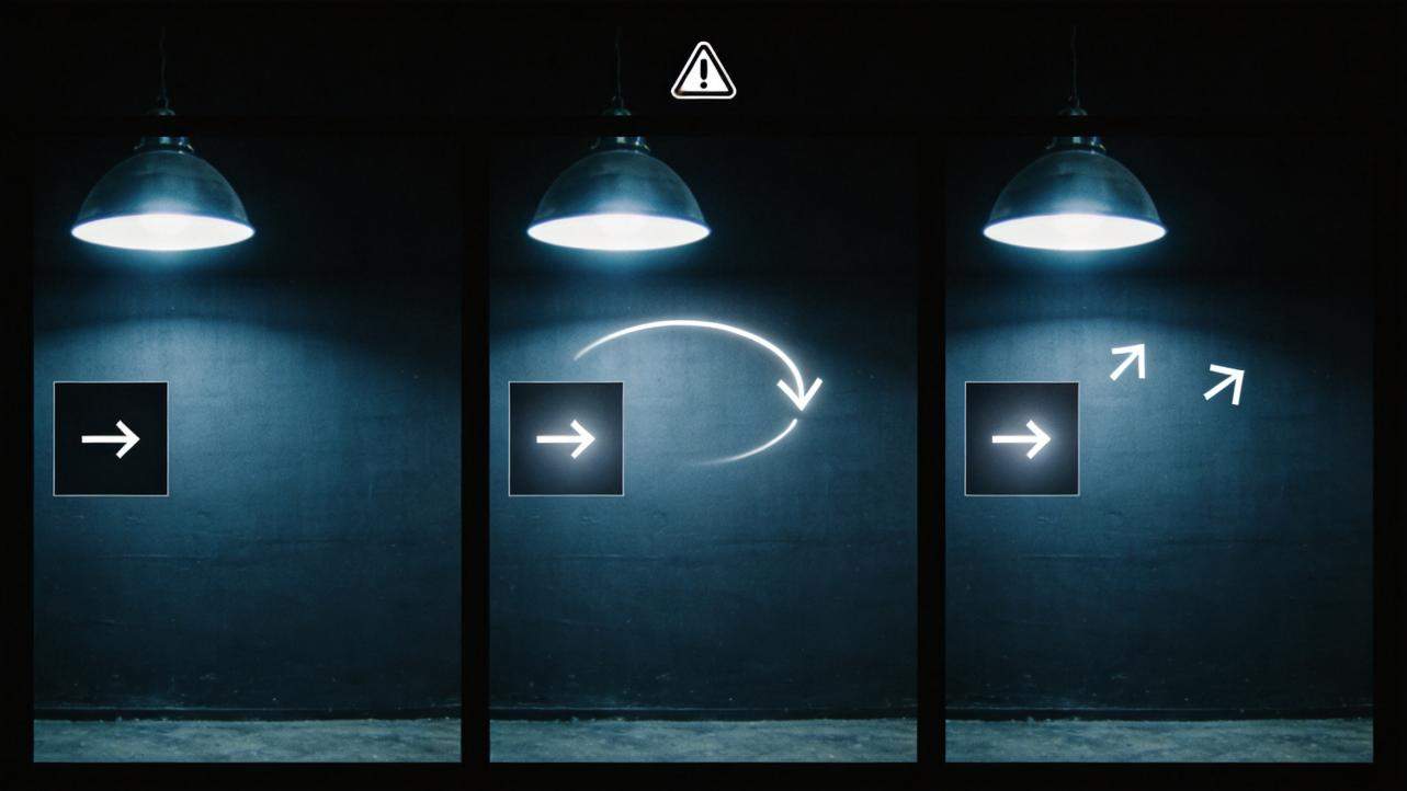 Three panels showing a hanging lamp and arrows illustrating camera movement directions