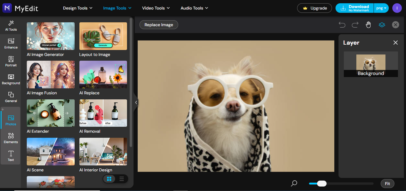 Interface of MyEdit - another best free online funny photo maker