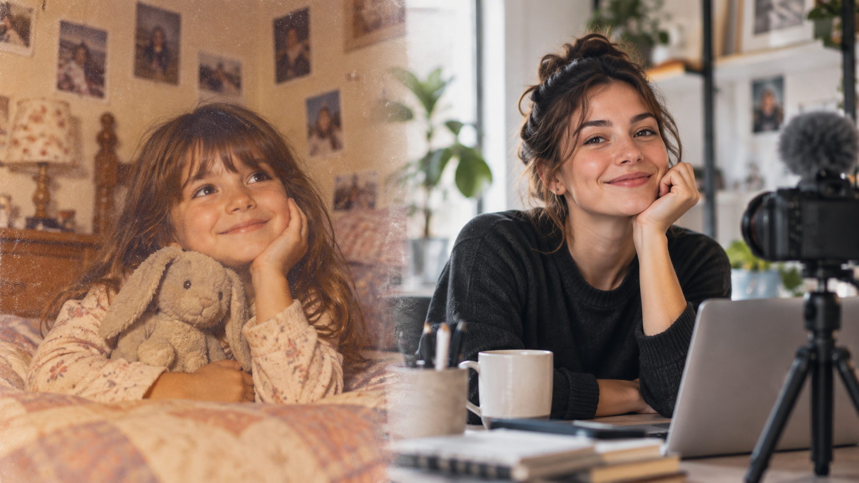 A childhood snapshot transitioning into a present-day creator studio