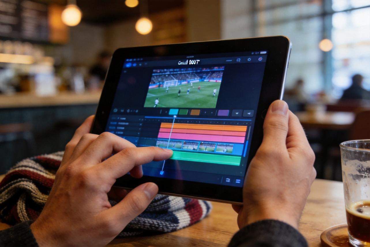Hands editing a soccer clip on a tablet with a multitrack video timeline