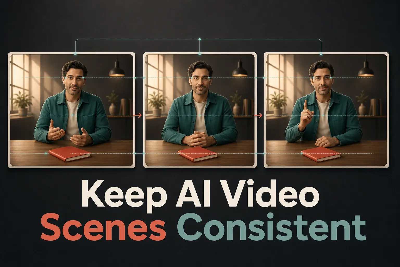 Keep AI Video Scenes Consistent cover showing the same presenter and red notebook across three related scenes