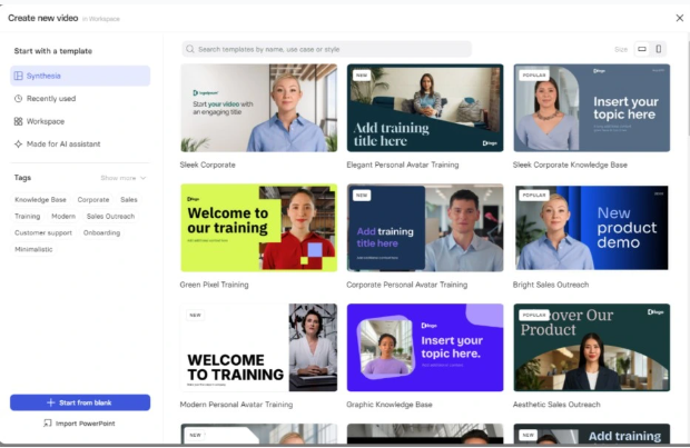 Selecting a suitable template in Synthesia avatar maker