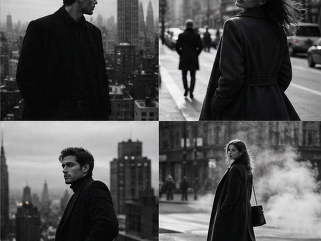 Dark Moody 4-Photo Collage AI Prompt prompt example 3 - Monochrome city collage