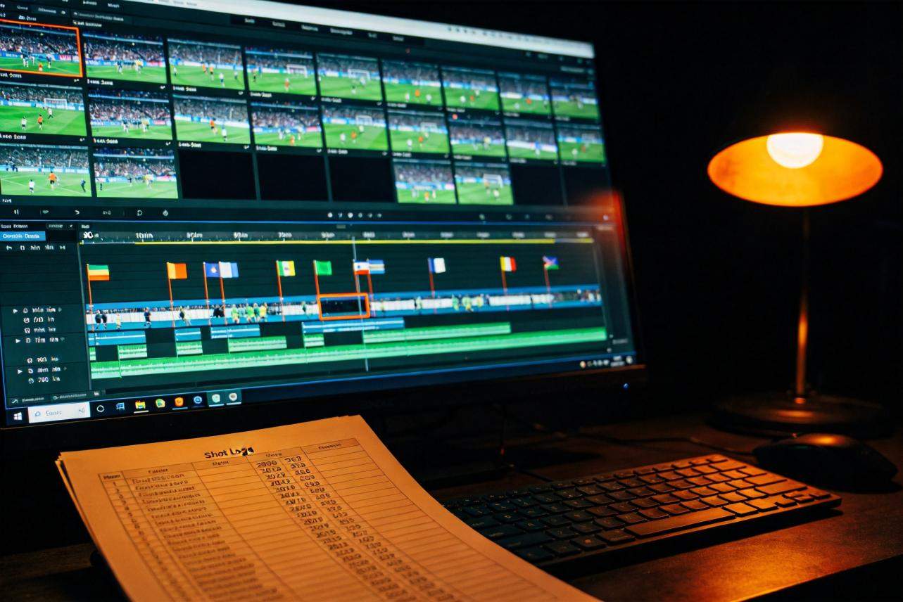 Video editing timeline with soccer match clips on a monitor beside a shot list and desk lamp