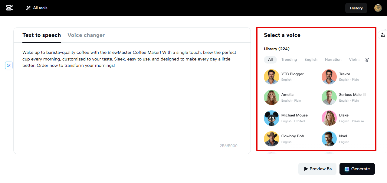 Voice actor sa CapCut Web TTS tool