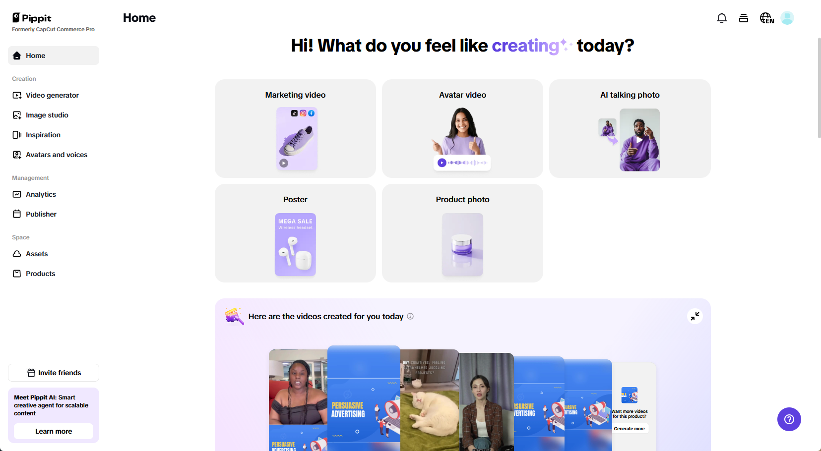 Pippit's AI-powered content creation hub