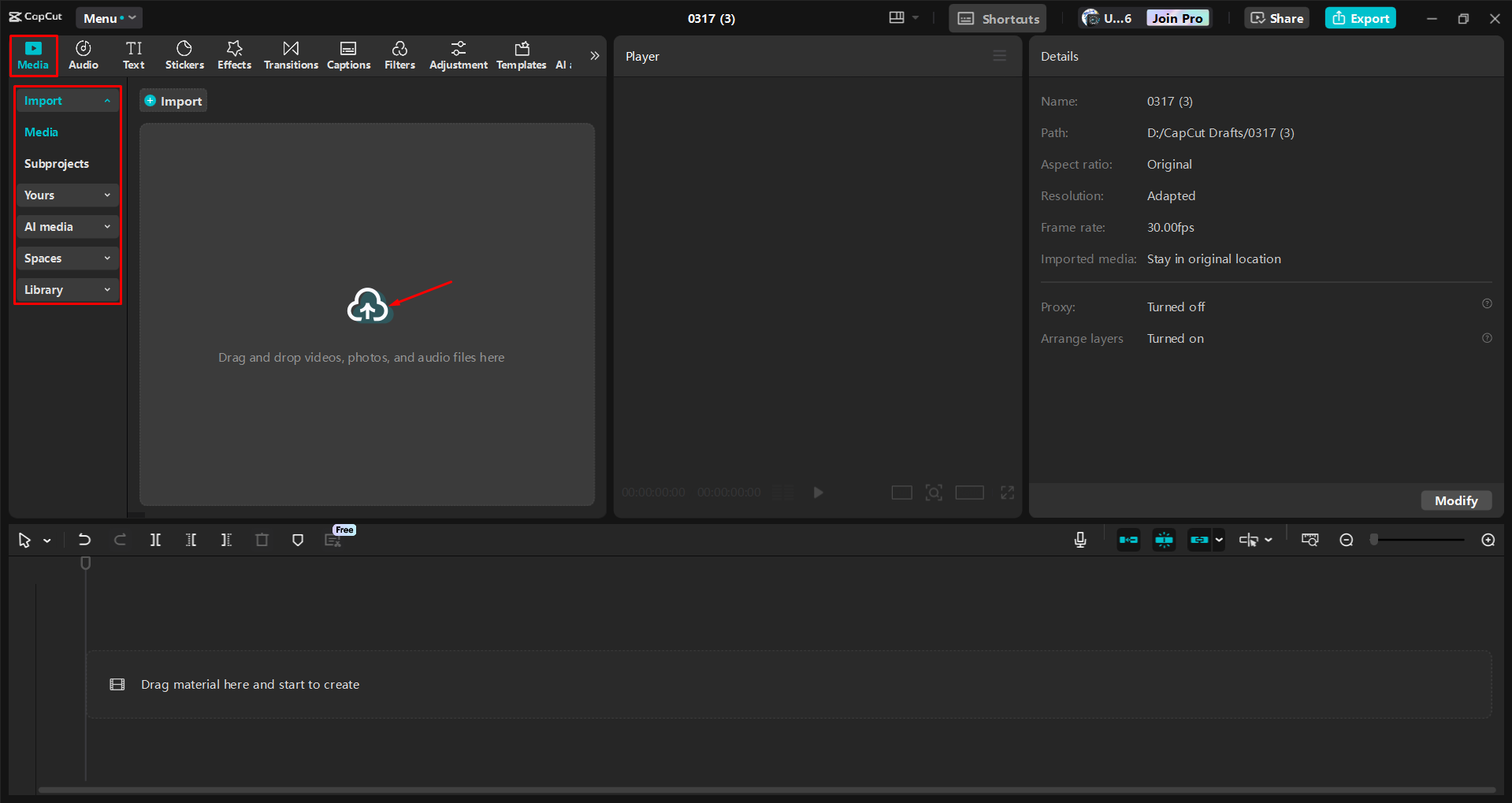 Importing a video into the CapCut desktop video editor