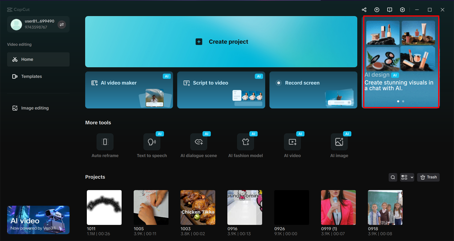 Accessing the AI design feature in the CapCut desktop video editor