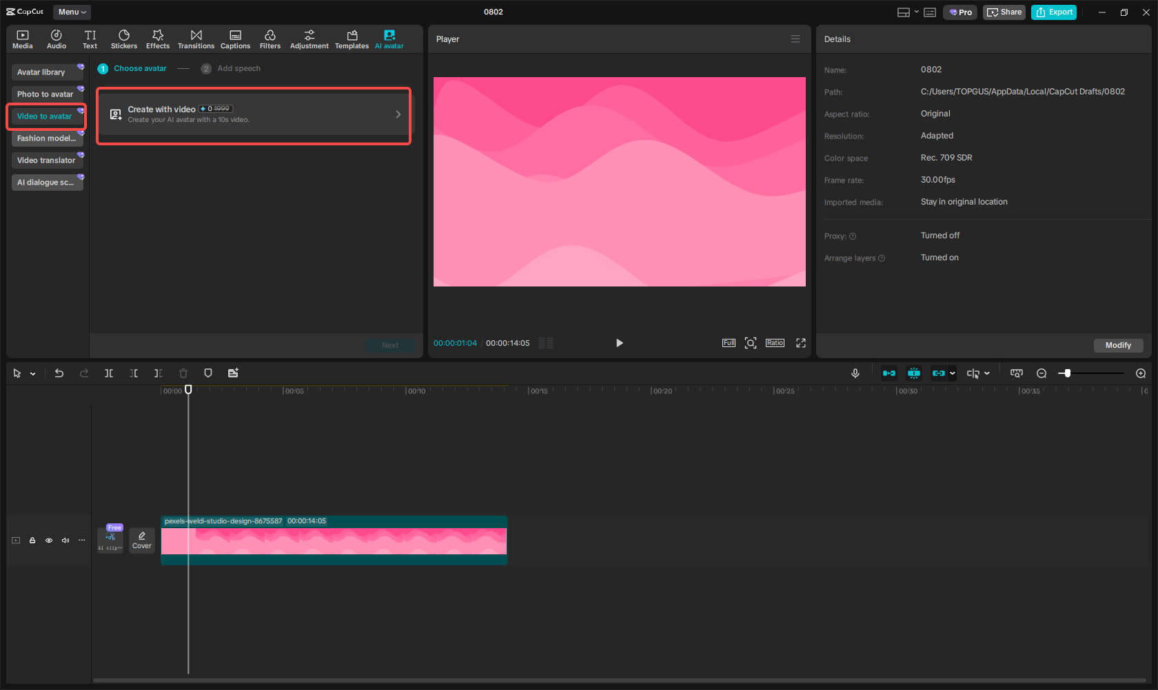 Access the "Video to avatar" option and upload a video