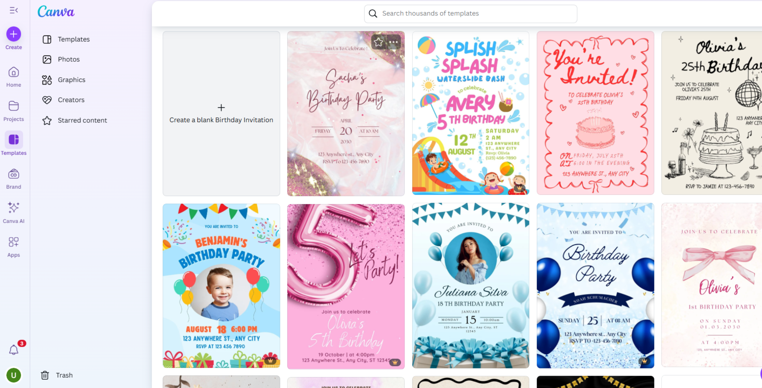 Interface of Canva - a good tool to find and edit birthday invitation backgrounds