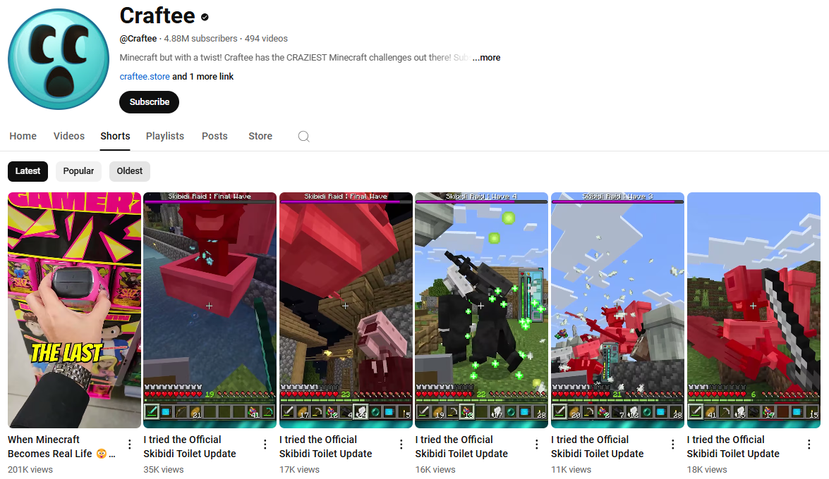 Craftee YouTube Minecraft Shorts profile with unique content