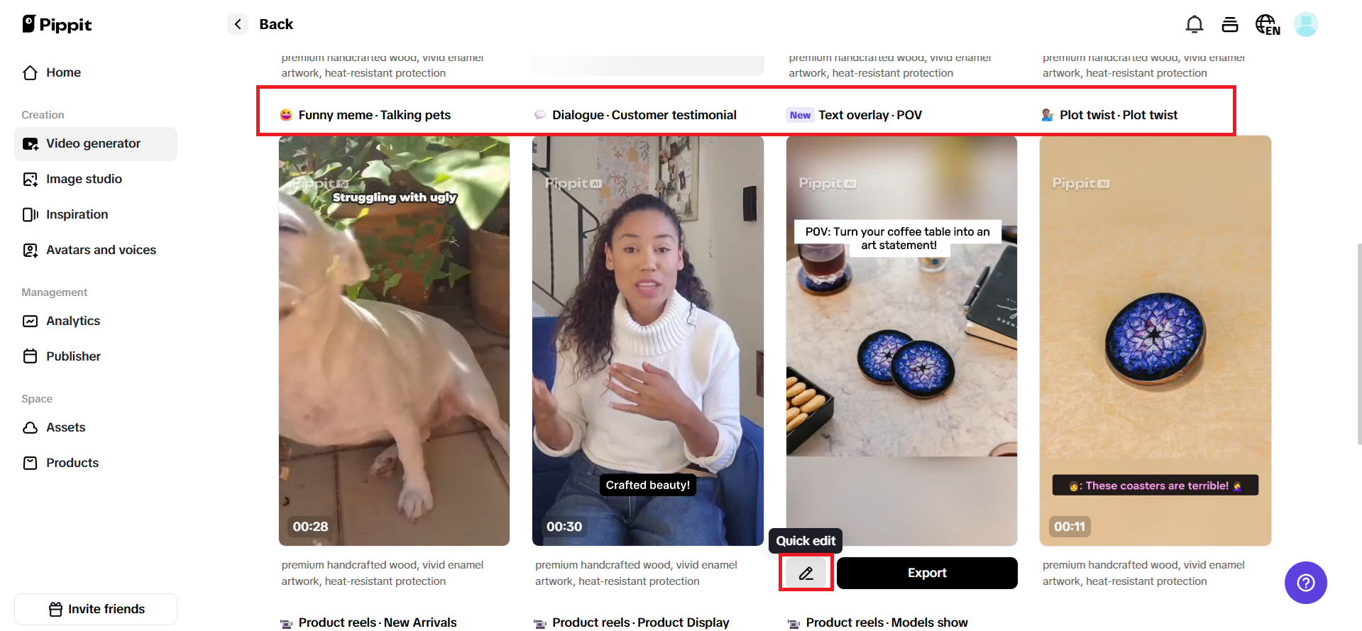 Preview generated videos and choose Quick edit
