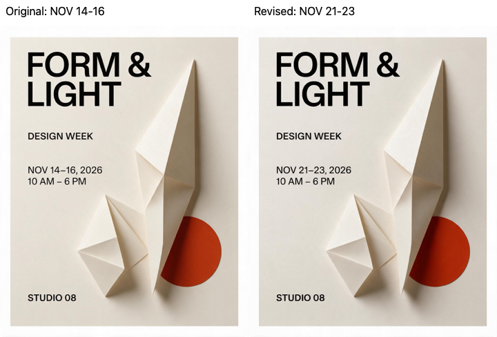 Dois pôsteres fictícios da exposição FORM AND LIGHT: a data original é 14 16 de novembro de 2026 e a data revisada é 21 23 de novembro de 2026.