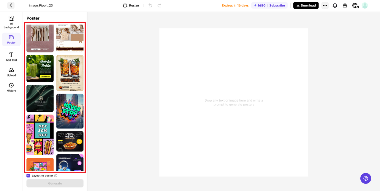 Options to choose pre-defined poster templates