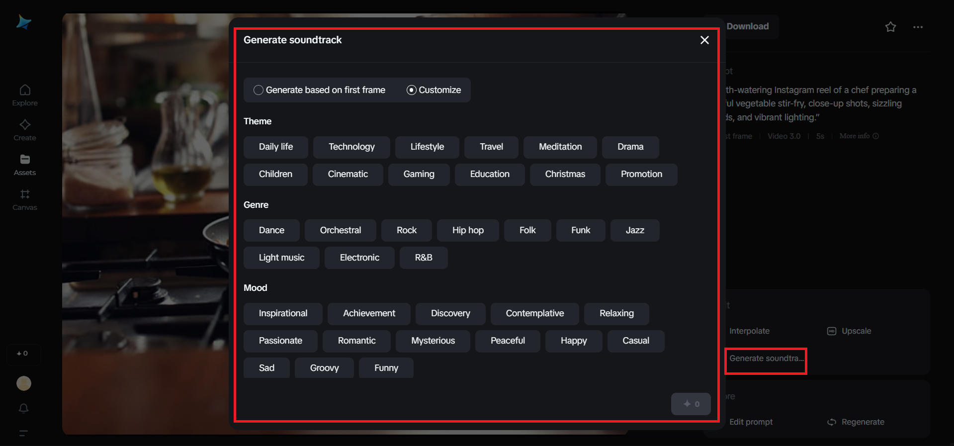 Generate soundtrack feature in Dreamina