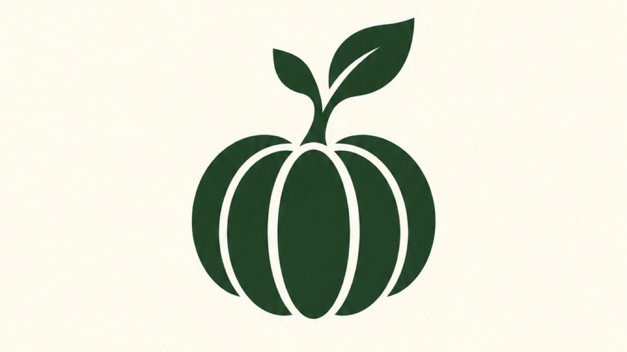 Simbol logo kecambah labu hijau hutan dengan lobus geometris lebar pada gading.