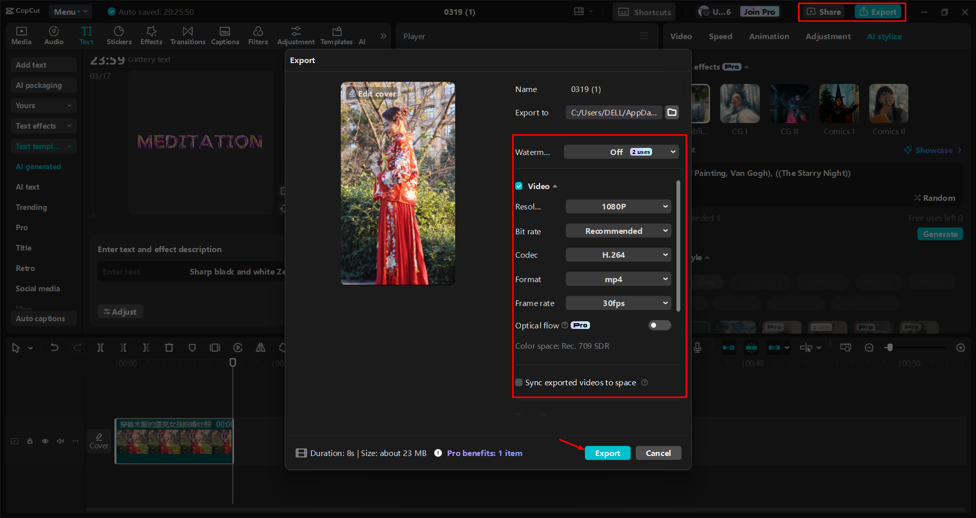 Exporting a video from the CapCut desktop video editor