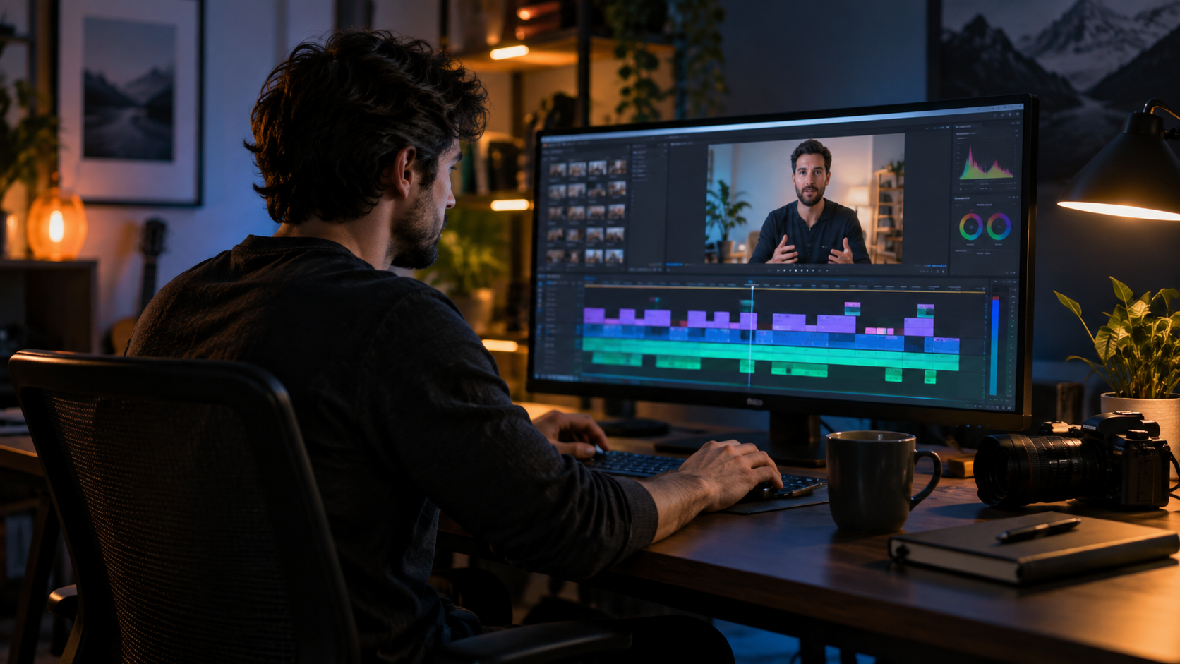Video editor reviewing pacing, audio, and audience retention