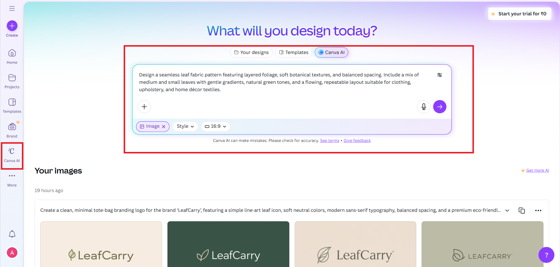 Hasilkan pola daun Anda menggunakan Canva AI