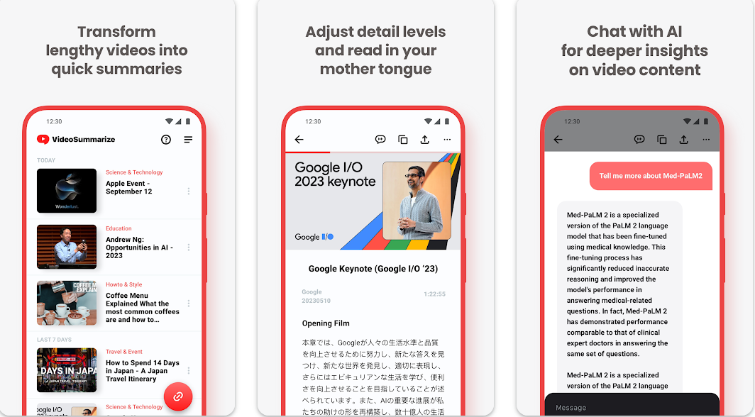 Interface do aplicativo móvel Video Summarizer - o melhor resumidor de vídeo para celular