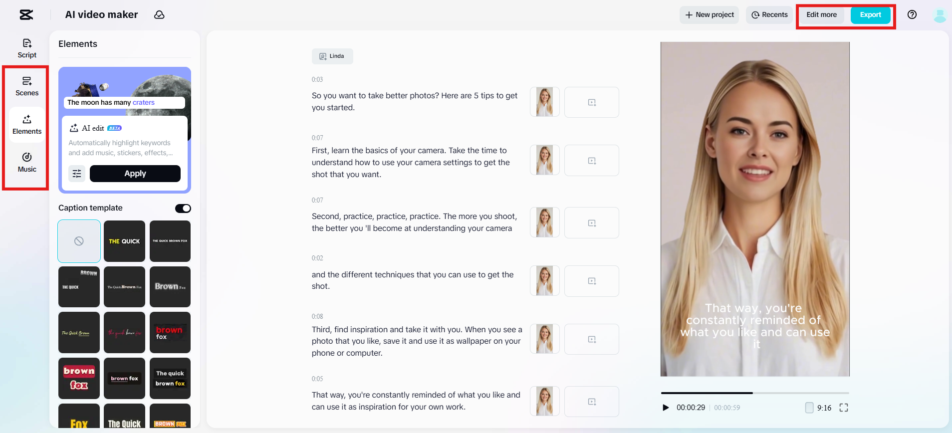 Bearbeiten Sie das Skript, die Szenen, Untertitel und Musik