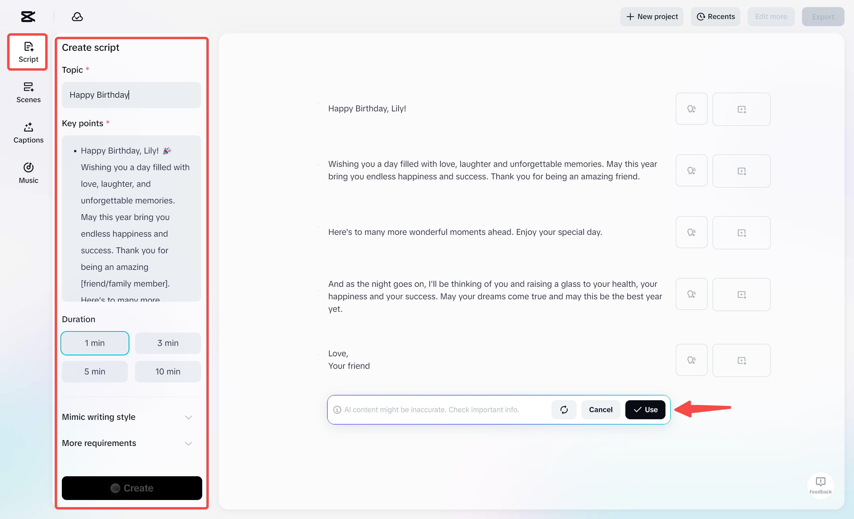 Generating an AI birthday script and video with the CapCut desktop video editor