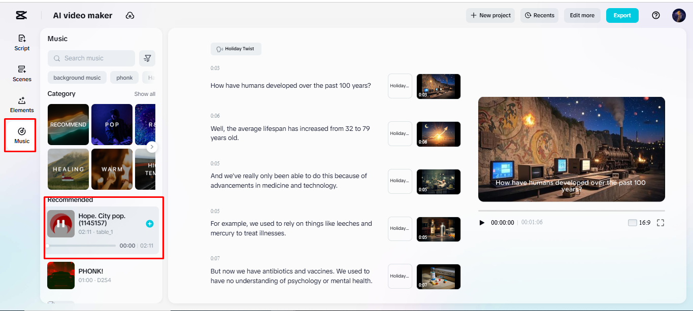 Adicionando música de fundo ao vídeo no criador de IA vídeo do CapCut