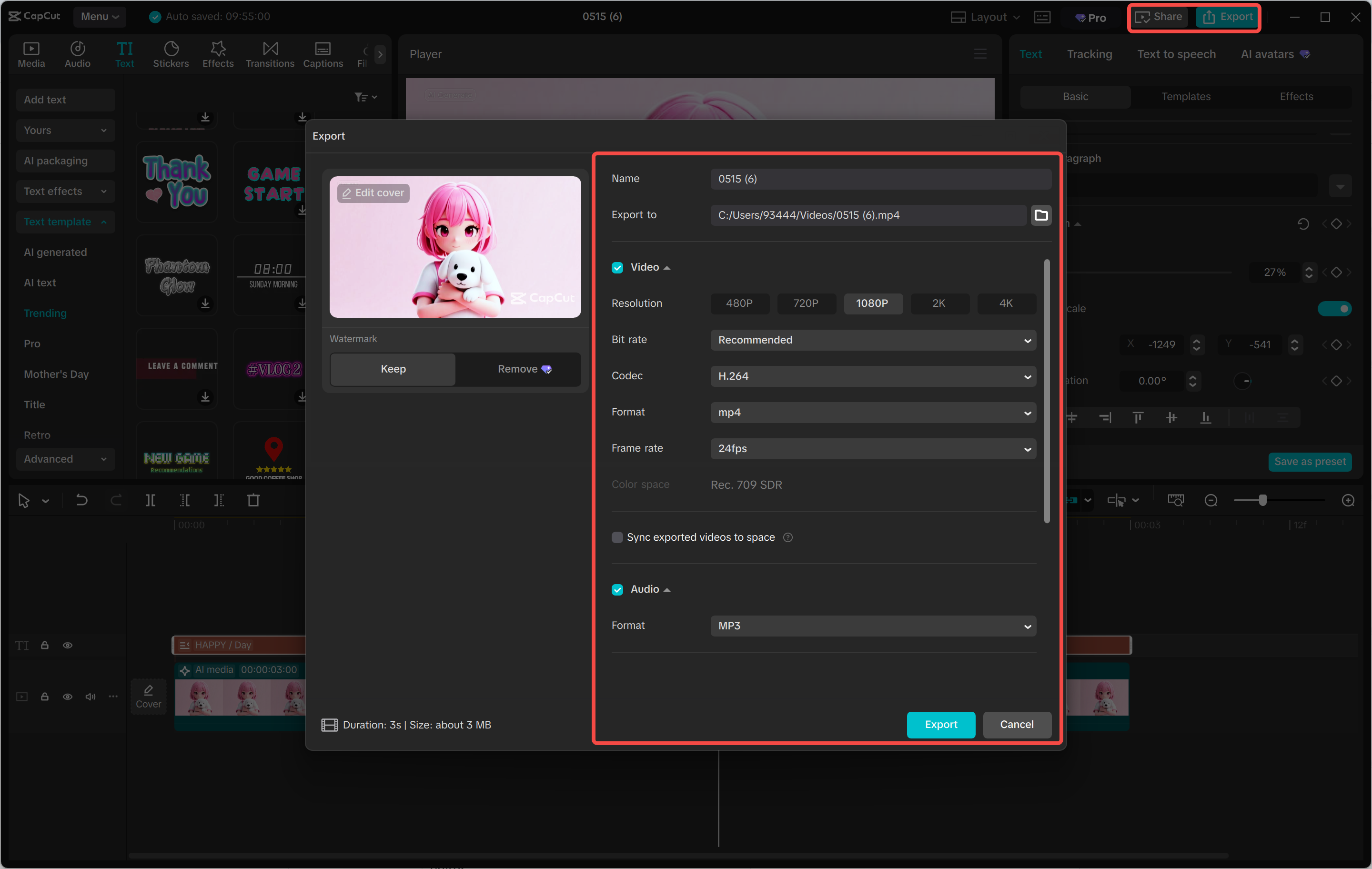 Exporting a video from the CapCut desktop video editor