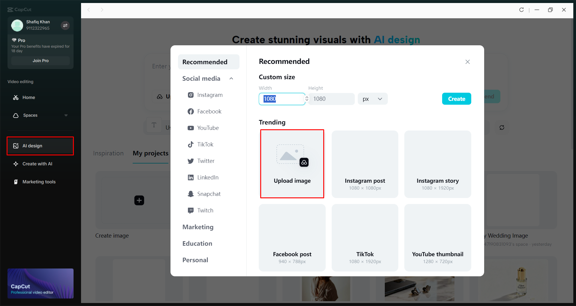 Accessing the AI design tool in the CapCut desktop video editor
