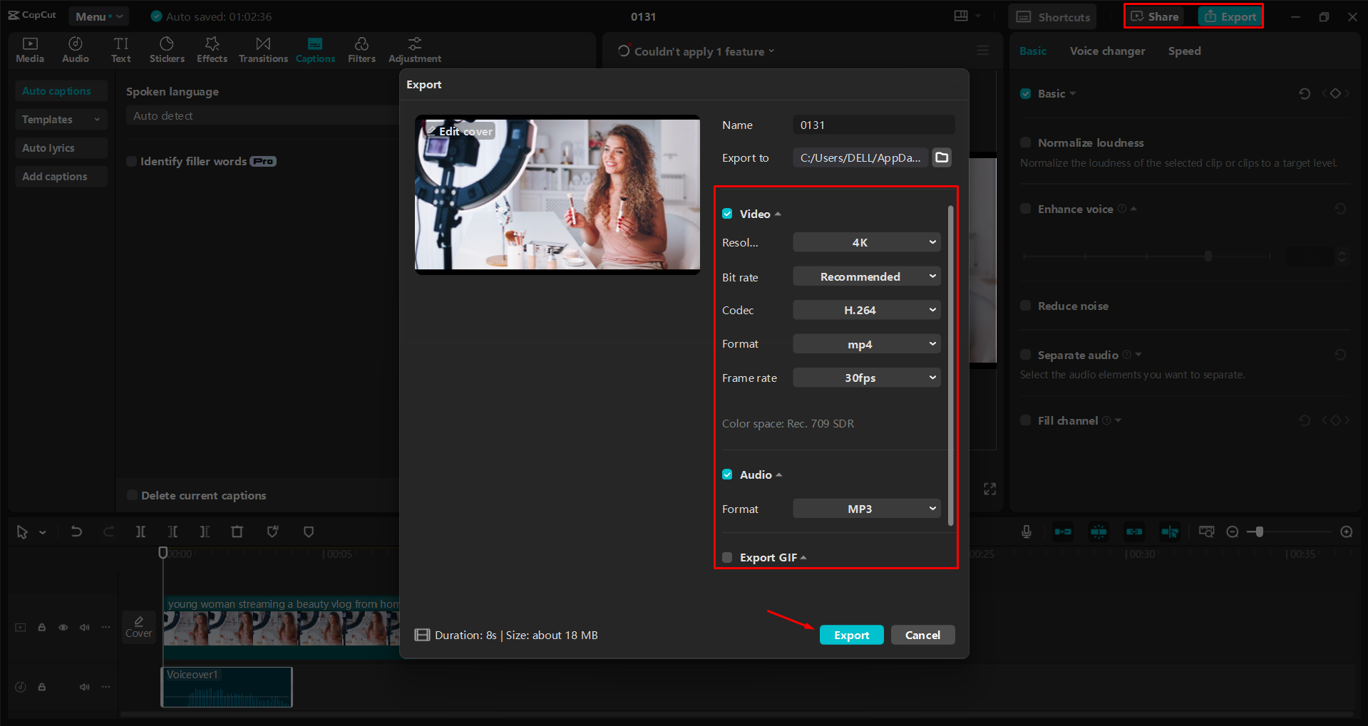 Exporting a video from the CapCut desktop video editor
