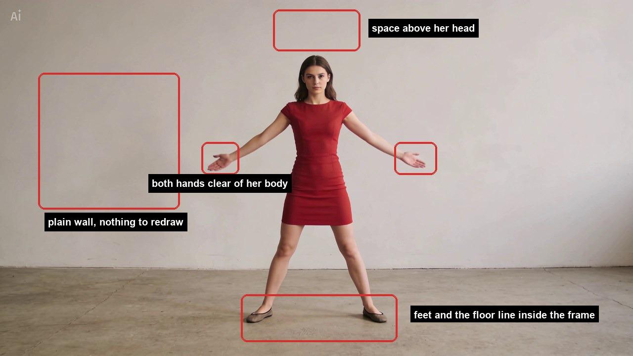 The generated source photo of a woman in a red dress standing in front of a plain wall, marked with red boxes on the empty wall, on the space above her head, on each hand held away from her body, and on her feet with the floor line.