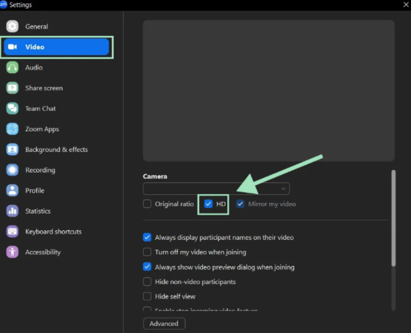 Enabling the HD video recording to get a full HD video in Zoom