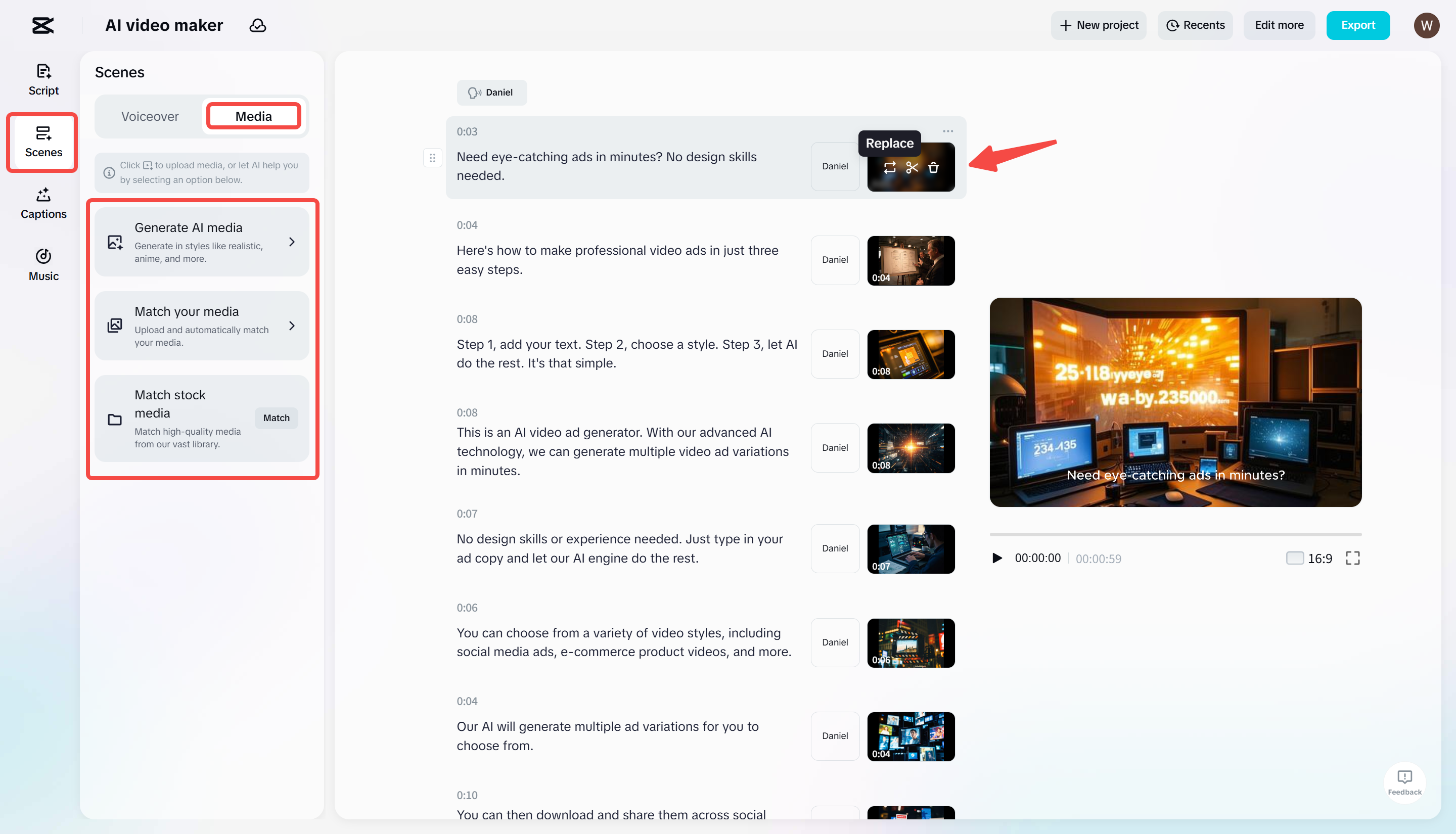 Replacing media in CapCut's AI video maker tool