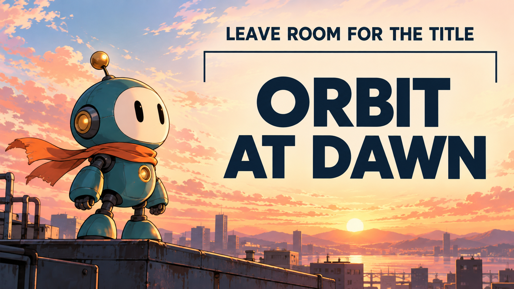 Composition illustration with the original mascot beside a readable Orbit at Dawn title