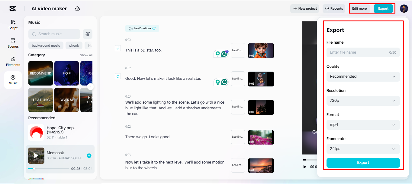 Exporting the final video from CapCut's AI video maker