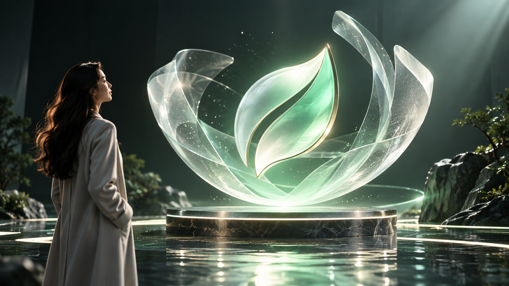 AI logo animation: An Original Leaf-shaped Emblem Unfolding from Frosted Glass