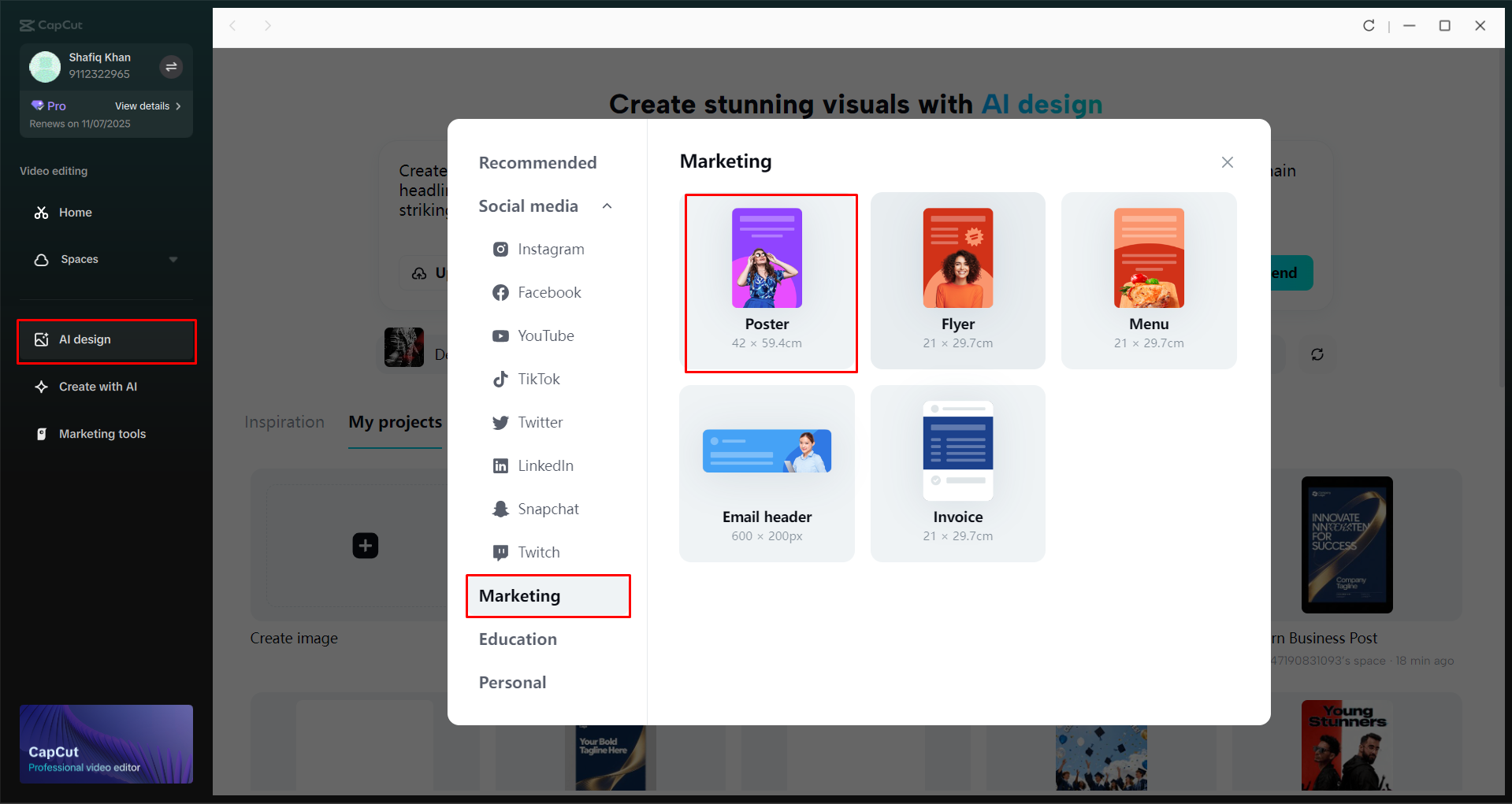 Accessing the AI Design tool in the CapCut desktop video editor