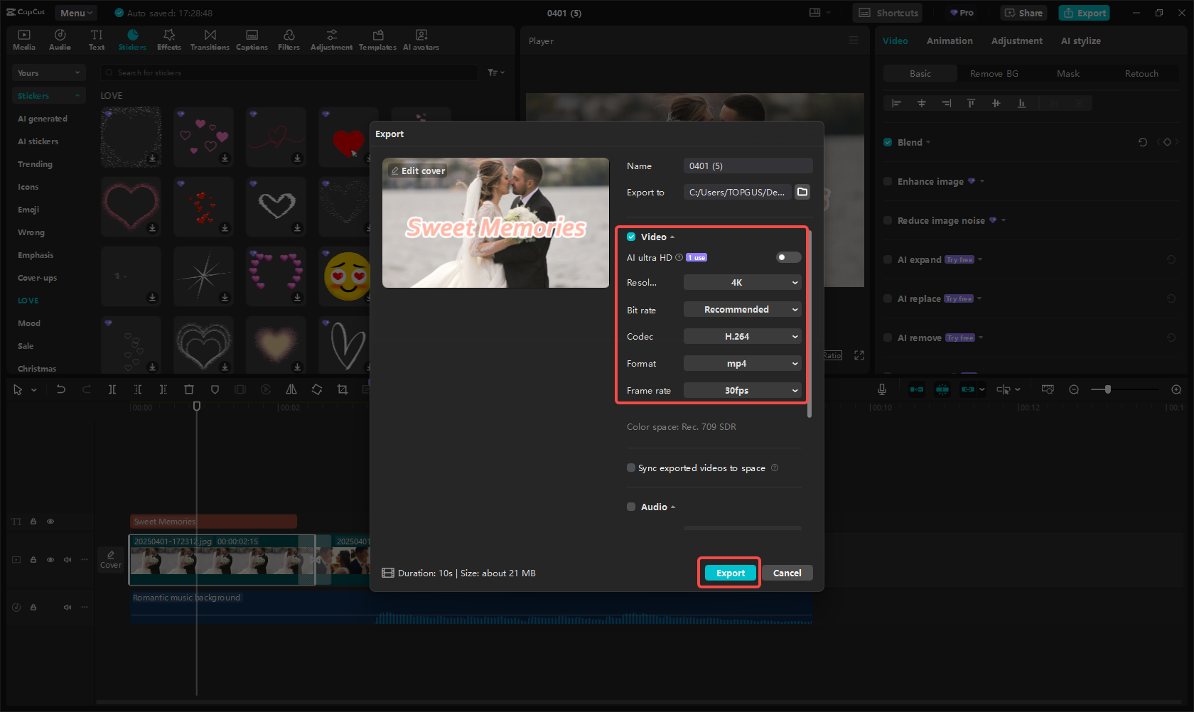 Export & share your wedding slideshow