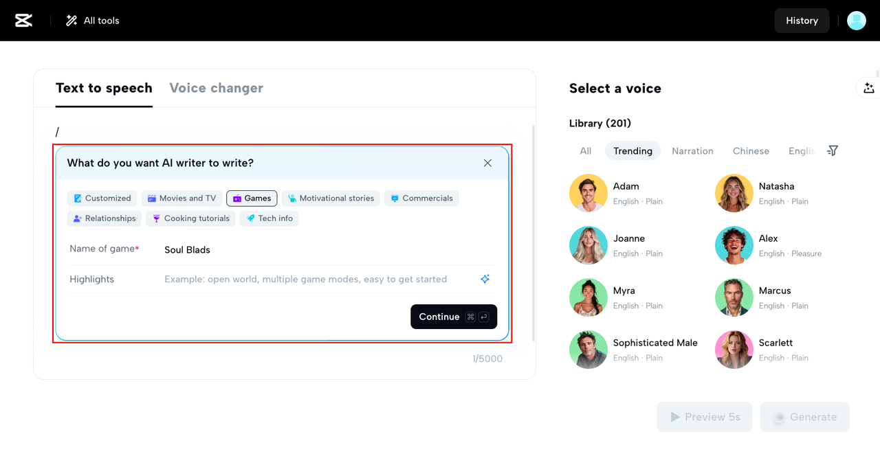 Accessing the TTS tool in CapCut Web