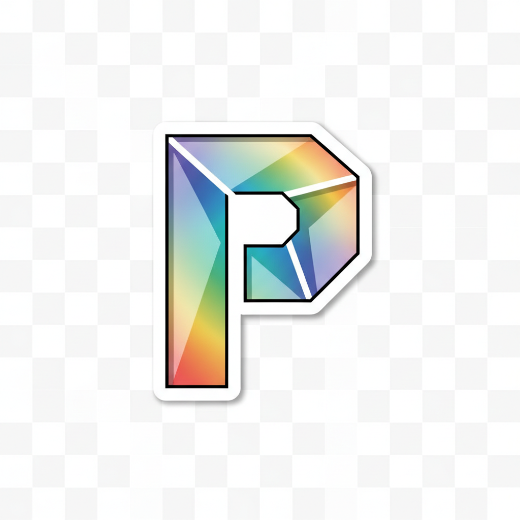 Vector‑style logo cutout on transparent background with prism highlights and rainbow sheen, high‑contrast sticker die‑cut contour, crisp edges.